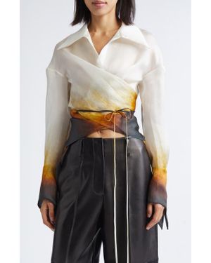 GRACE LING Rust Edge Convertible Silk Organza Wrap Shirt - White