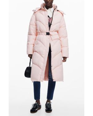 Desigual Hooded Quilted Puffer Longline Coat - Pink