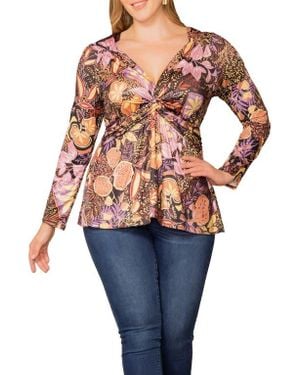 Kiyonna Abigail Long Sleeve Twist Front Top - Multicolor