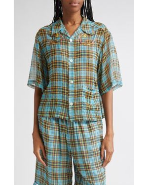 Undercover Metallic Stripe Plaid Silk Blend Camp Shirt - Green
