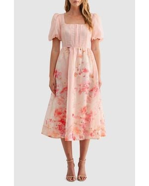 Mila + Mate Puff Sleeve Chiffon Fit & Flare Midi Dress - Red
