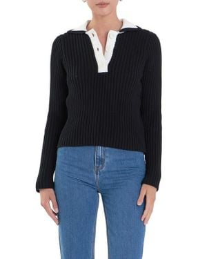 English Factory Colorblock Long Sleeve Cotton Rib Polo - Black
