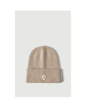 Brunello Cucinelli Cashmere English Rib Knit Beanie With Patch Logo - Natural