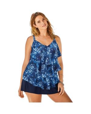 Swim 365 Longer Length V Neck Tiered Ruffle Tummy Control Tankini Top - Blue
