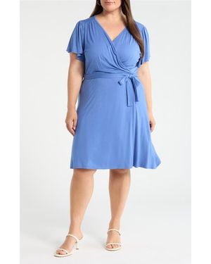 Loveappella Flutter Sleeve Faux Wrap Jersey Dress - Blue