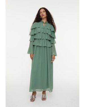 MARYISA Modest Ruffle Chiffon Dress Maxi With Designer Sleeve - Green