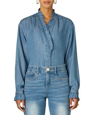 Wit & Wisdom Ruffle Neck Lyocell Chambray Shirt - Blue