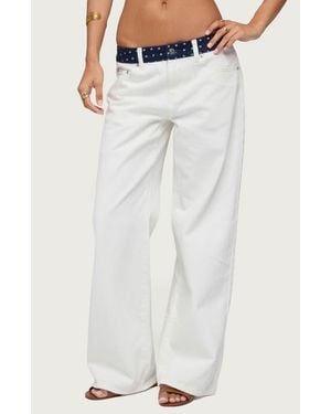 Edikted Polka Dot Waist Low Rise Wide Leg Jeans - White