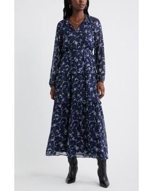 Chelsea28 Floral Metallic Clip Dot Ruffle Tiered Midi Dress - Blue