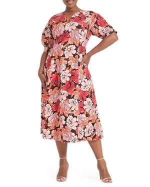 Estelle Colette Puff Sleeve Midi Dress - Red