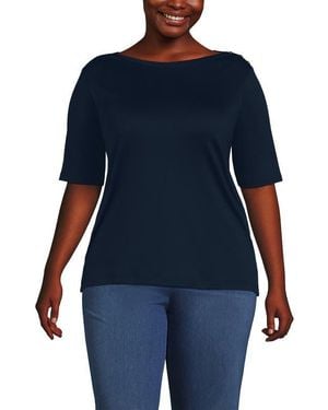 Lands' End Supima Cotton Elbow Sleeve Boatneck Button Shoulder Tee - Blue