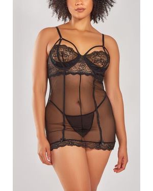 iCollection Romantic Lace Soft Cup Chemise & Panty Set - Brown