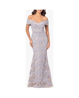 Xscape Evenings Off The Shoulder Embroidered Gown - Purple