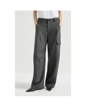 Brunello Cucinelli Virgin Wool Twill Cargo Barrel Pants With Monili - Gray