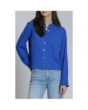 Apny Ruffle Long Sleeve Crop Button-Up Shirt - Blue