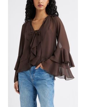 Open Edit Chiffon Ruffle Trim Top - Brown