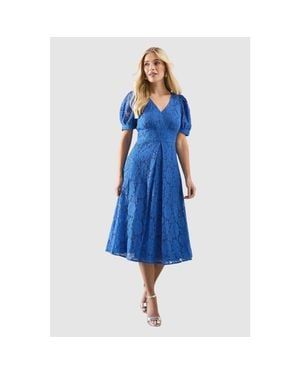 Wallis Petite Lace V-Neck Tea Midi Dress - Blue