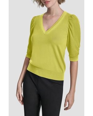 DKNY Puff Sleeve V-Neck Sweater - Yellow