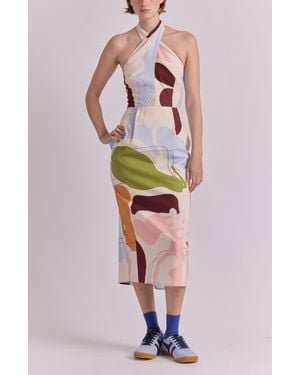 De Loreta Georgia Cross Neck Linen Midi Dress - Multicolor