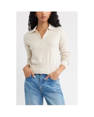 Open Edit Long Sleeve Polo Sweater - White