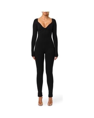 Naked Wardrobe Faux Bustier Ribbed Long Sleeve Jumpsuit - Black