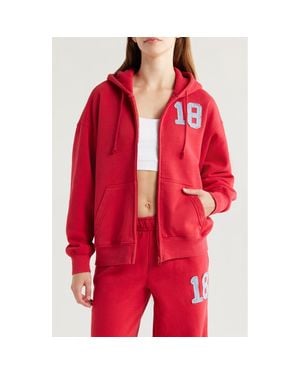 PacSun Denim Appliqué Zip-Up Cotton Blend Hoodie - Red