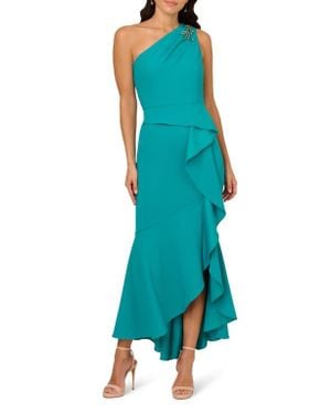 Adrianna Papell Beaded One-Shoulder Crepe Gown - Green