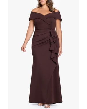 Xscape Evenings Off The Shoulder Ruffle Scuba Knit Gown - Purple
