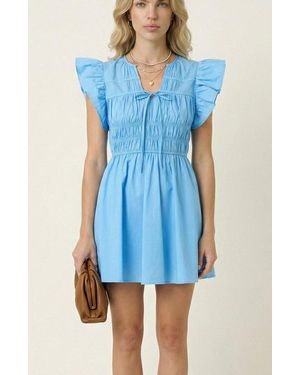 Modenaire Smocked Mini Dress With Ruffle Sleeves And Front Tie Detail - Blue