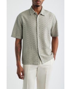 Open Edit Boxy Lace Short Sleeve Button-Up Shirt - Multicolor