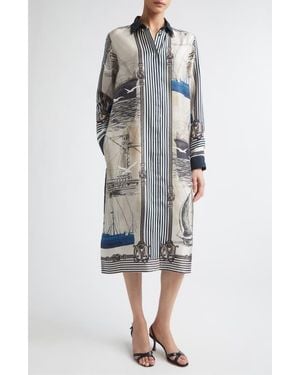 Max Mara Mariner Print Long Sleeve Silk Midi Shirtdress - Multicolor