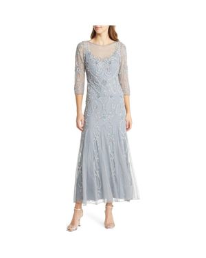Pisarro Nights Beaded Illusion Neck Gown - Gray