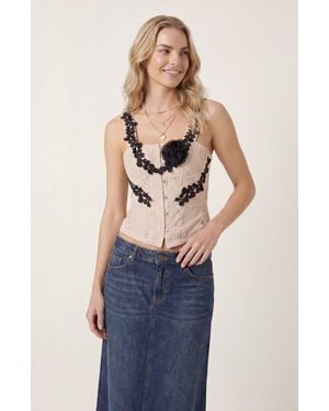 Modenaire Lace Panel Floral Strap Detail Button Front Corset Top - Blue
