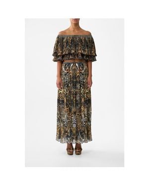 CAMILLA Off Shoulder Short Sleeve Pleated Top - Green