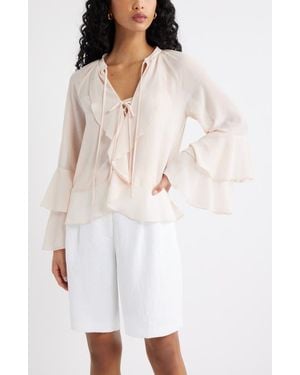 Open Edit Chiffon Ruffle Trim Top - Natural