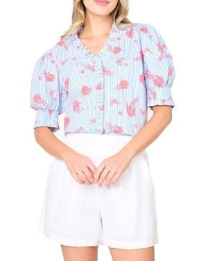 Gibsonlook Iris Stripe Floral Stretch Cotton Poplin Top - White