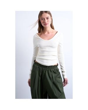 TOPSHOP Double V-Neck Long Sleeve Stretch Cotton Rib Top - White