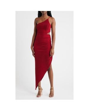 Jump Apparel Metallic Knit One-Shoulder Asymmetric Gown - Red