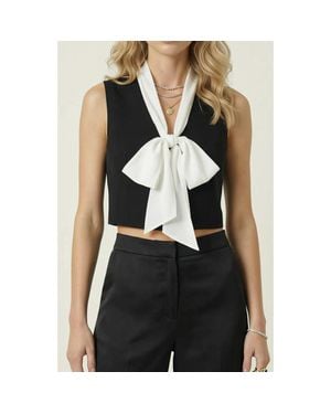 Modenaire Cropped Sleeveless Top With Bow Tie Neck Detail - Black