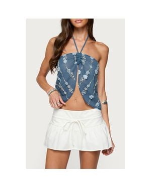 Edikted Floral Beaded Sequin Split Chiffon Halter Top - Blue