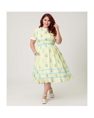 Unique Vintage Plus Size Boatneck Ricrac Swing Dress - Yellow