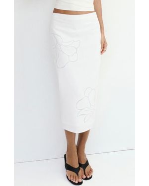Mango Floral Embroidered Midi Skirt - White