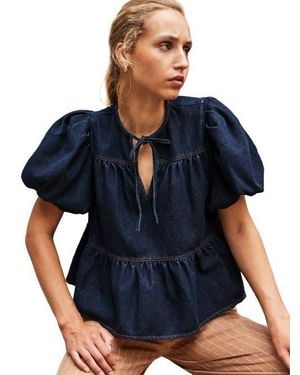 Ro&zo Denim Puff Sleeve Tie Neck Top - Blue