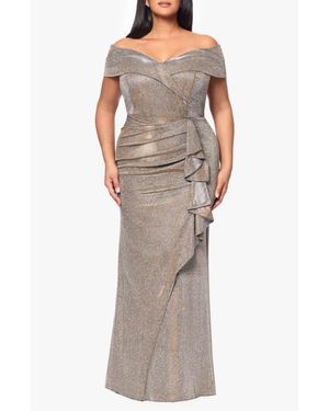 Xscape Evenings Raveena Foil Knit Off The Shoulder Ruched Gown - Multicolor