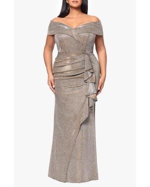 Xscape Evenings Raveena Foil Knit Off The Shoulder Ruched Gown - Multicolor