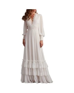 Tadashi Shoji Ruffle Pleated Long Sleeve Chiffon Gown - Gray