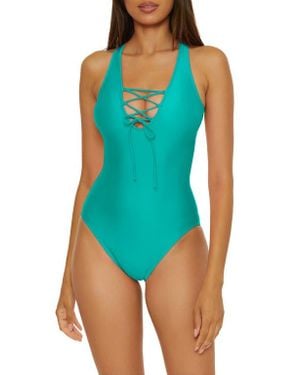 BCA by Rebecca Virtue Lace-Up Plunge One-Piece Swimsuit - Blue