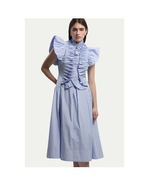 Karen Millen High Neck Pleated Ruffle Midi Dress - Blue