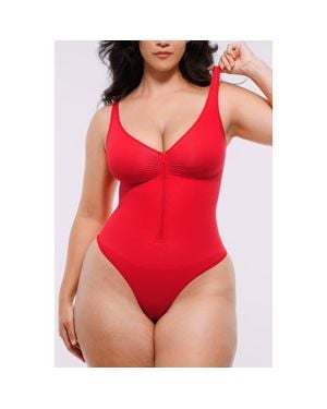 Shapellx Skin Flow Zipper Front Thong Bodysuit - Red