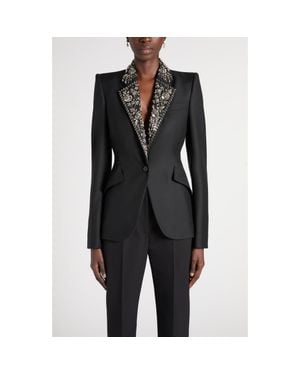 McQueen Embroidered Lapel Single-Breasted Wool Jacket - Black